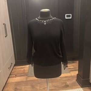 Bonnie & Bill Beaded Spun Silk Black Sweater Size M Y2K Sheer Sleeves